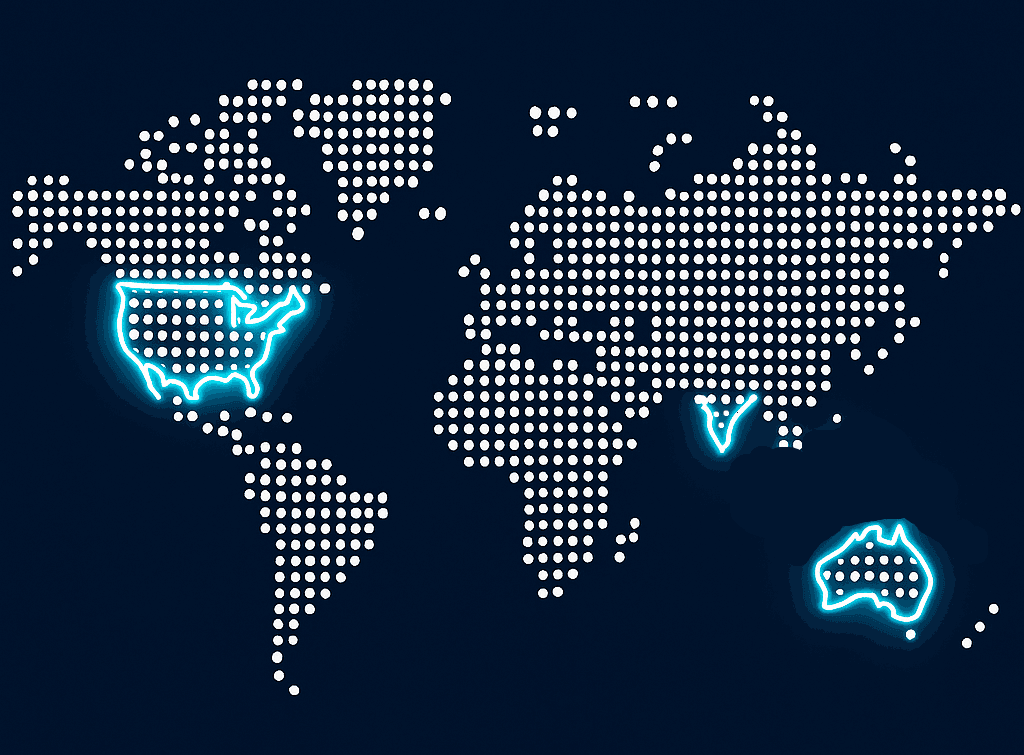Global presence map showing our locations in US, India, and Australia